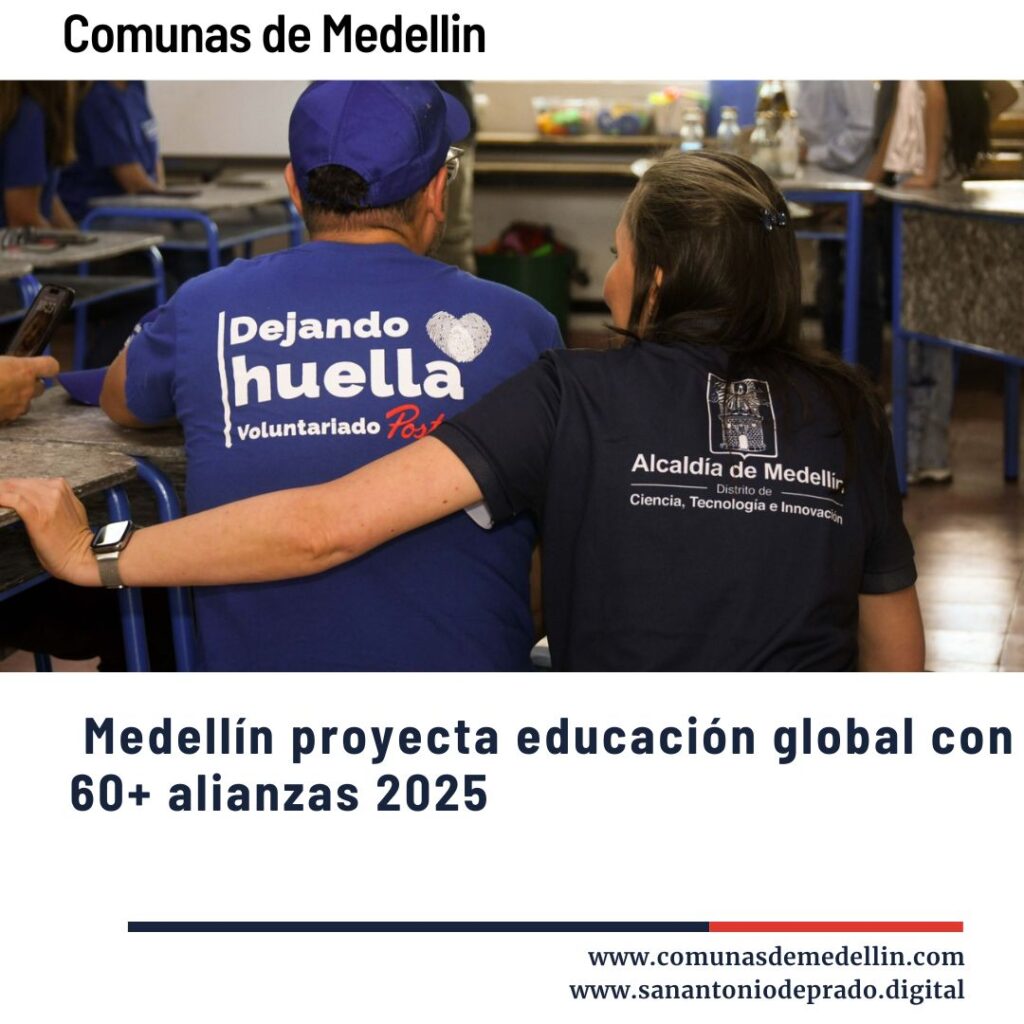 Voluntarios del programa Dejando Huella Paz de la Alcaldía de Medellín en actividad educativa con niños en un aula, representando las más de 60 alianzas internacionales para una educación global en 2025.