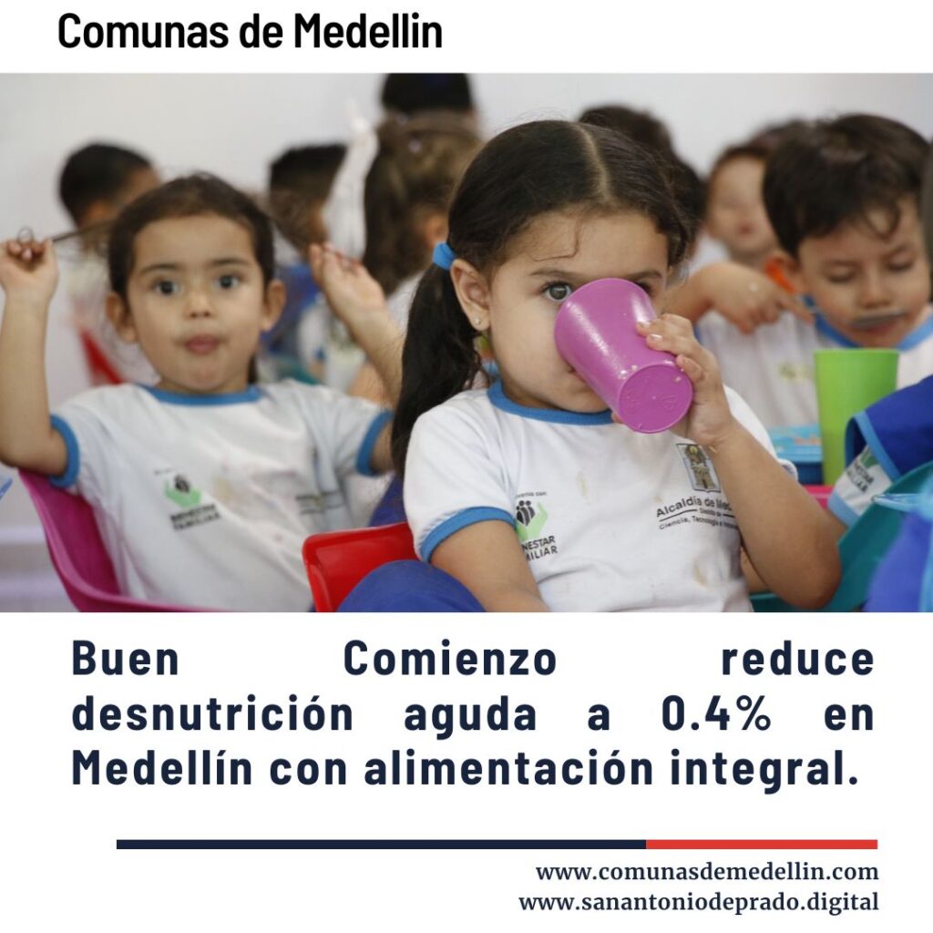 Niños en un jardín infantil bebiendo de vasos coloridos, ilustrando el programa Buen Comienzo que reduce la desnutrición aguda a 0.4% en Medellín con alimentación integral para la primera infancia.