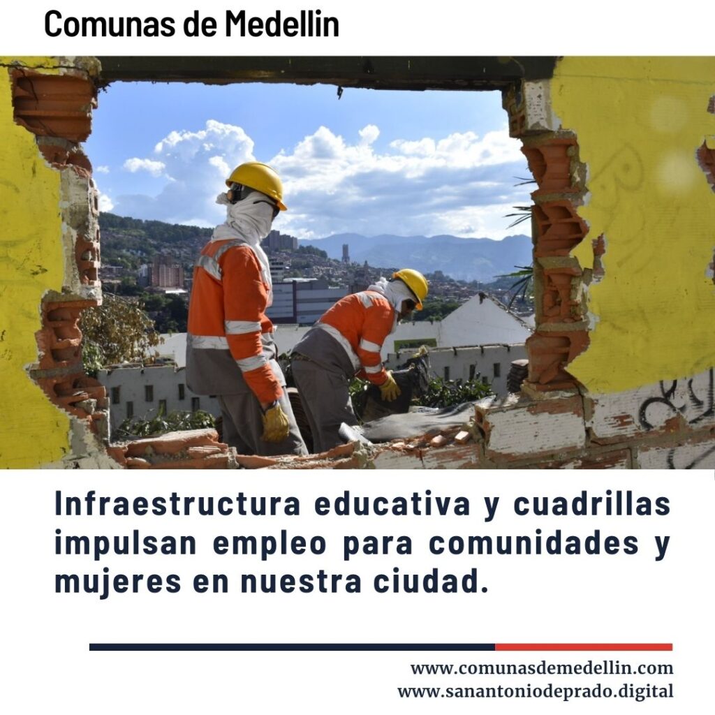 Trabajadores con cascos amarillos y uniformes naranjas realizando labores de construcción en una estructura dañada con vista panorámica a la ciudad de Medellín y montañas, promoviendo infraestructura educativa y empleo para comunidades y mujeres.