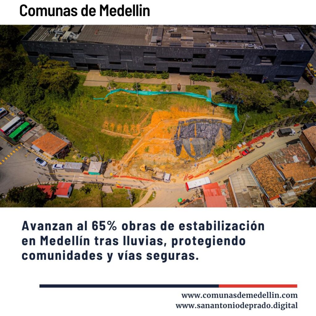 ista aérea de obras de estabilización en las comunas de Medellín avanzando al 65%, protegiendo comunidades y vías seguras tras lluvias.