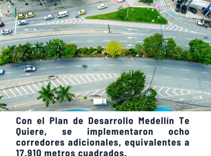 Vista aérea de corredores verdes en Medellín con árboles altos refrescando la ciudad, vía con carros y ciclorruta marcada, biodiversidad urbana protegida - Comunas de Medellín