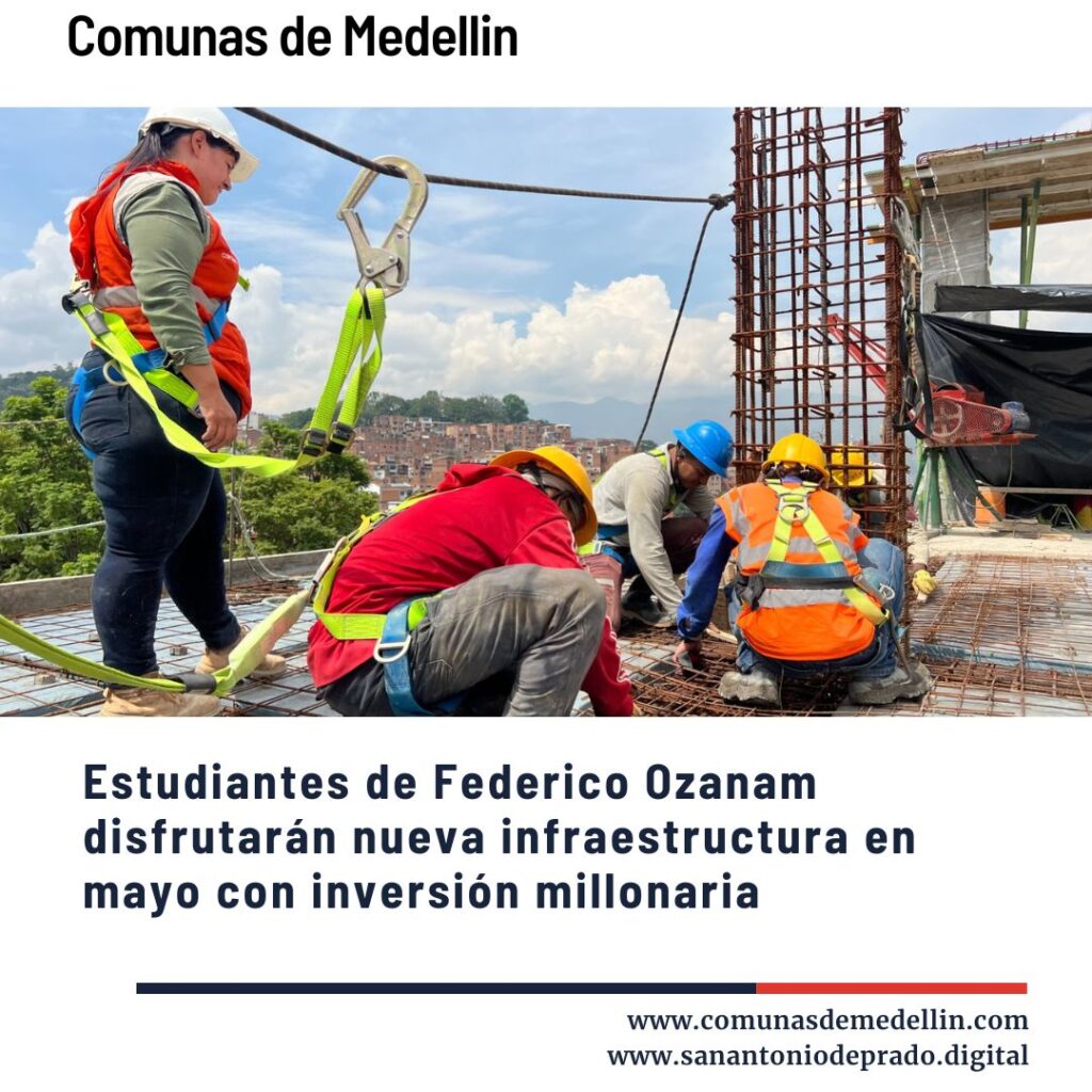 Trabajadores de la construcción con cascos y arneses de seguridad laborando en altura en una obra, representando la nueva infraestructura que disfrutarán estudiantes de Federico Ozanam en mayo con inversión millonaria.