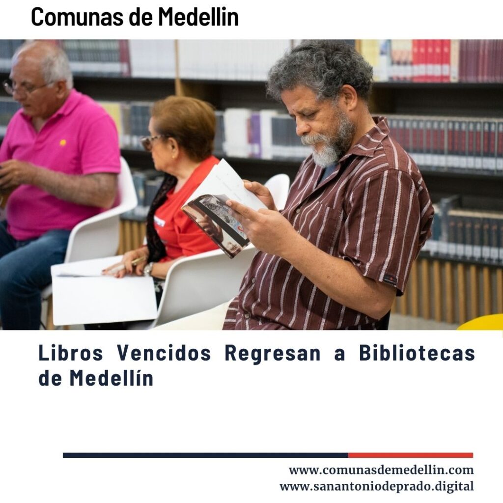 Personas mayores leyendo libros en una biblioteca pública de Medellín, promoviendo la campaña de regreso de libros vencidos a las bibliotecas de la ciudad.