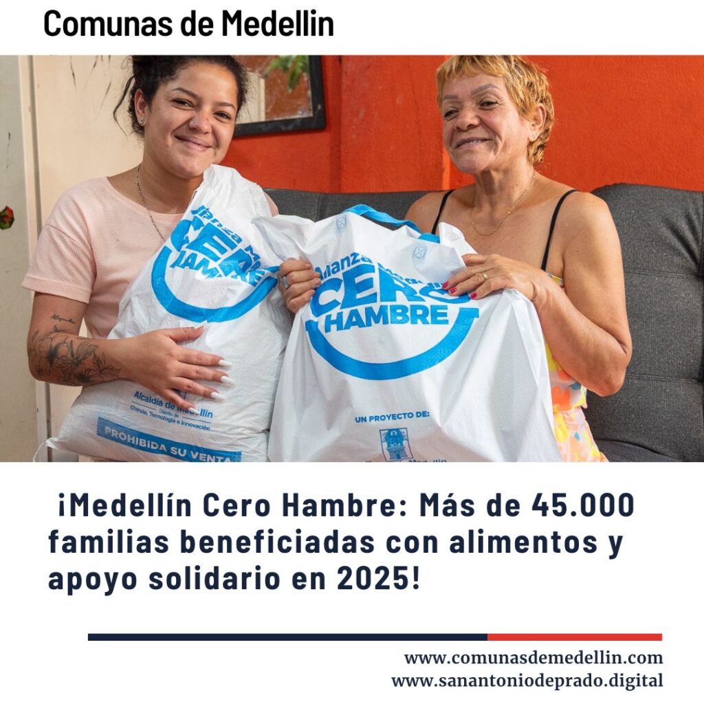 Dos mujeres sonrientes recibiendo bolsas de alimentos del programa Medellín Cero Hambre de la Alcaldía de Medellín, iniciativa que benefició a más de 45.000 familias en 2025 con apoyo solidario y seguridad alimentaria
