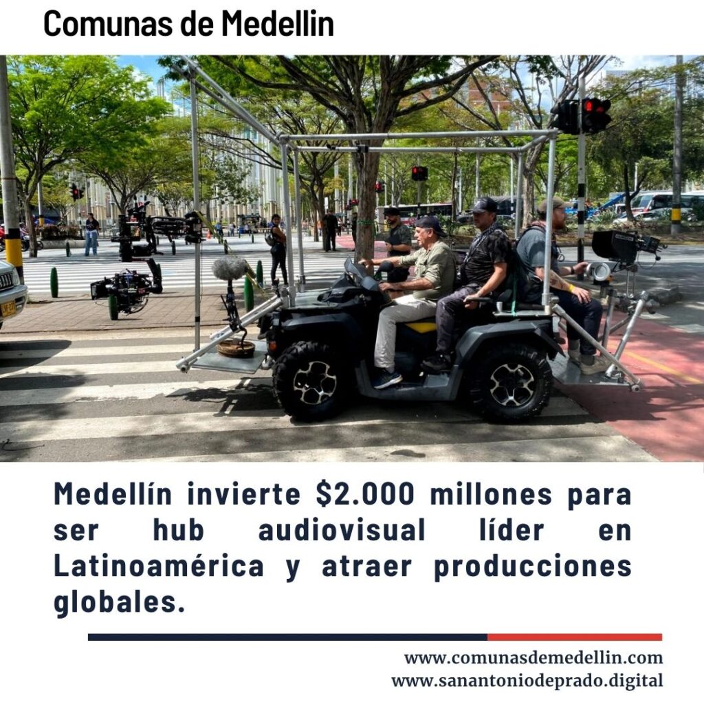 Equipo de filmación en vehículo todoterreno modificado con cámaras y micrófonos circulando por las calles de Medellín, representando la inversión de la ciudad como hub audiovisual líder en Latinoamérica.