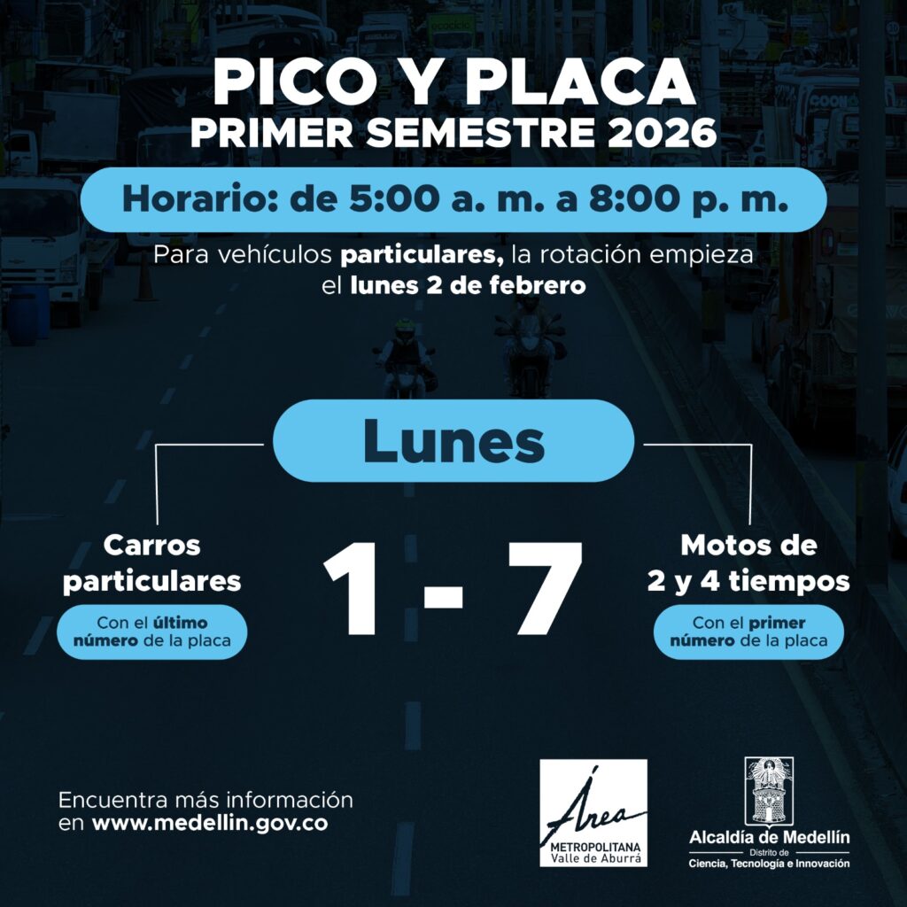 Pico y placa Medellin 2026 primer semestre para los lunes motos y carros