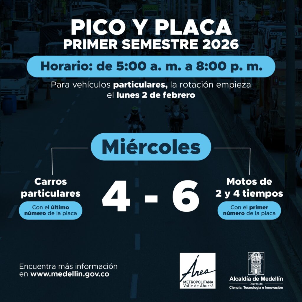 Pico y placa Medellin 2026 primer semestre para los ,miercoles motos y carros