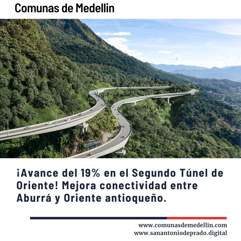 Vista aérea del Segundo Túnel de Oriente en construcción, serpenteando entre montañas verdes, conectando Aburrá y Oriente antioqueño, representando avances en infraestructura para Medellín y sus comunas.