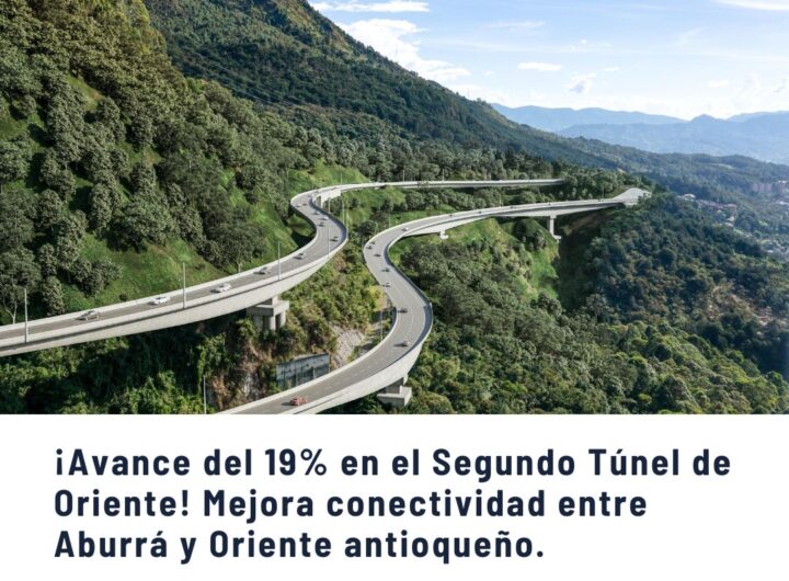 Vista aérea del Segundo Túnel de Oriente en construcción, serpenteando entre montañas verdes, conectando Aburrá y Oriente antioqueño, representando avances en infraestructura para Medellín y sus comunas.