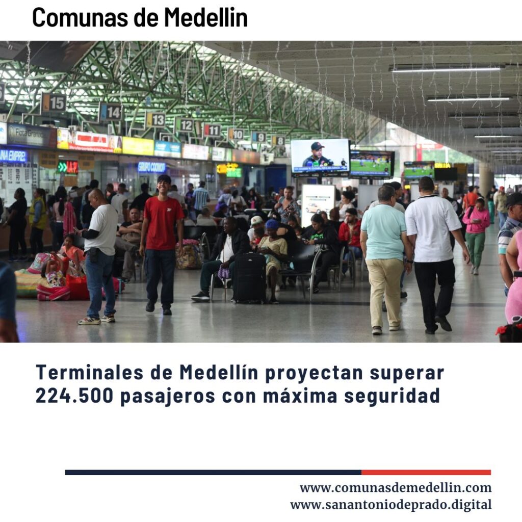 Terminal de Transportes de Medellín llena de pasajeros durante temporada de fin de año, con énfasis en seguridad y movilidad.