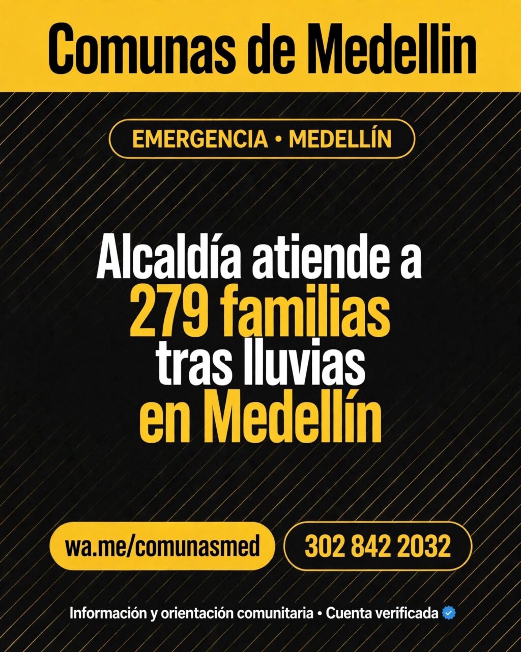 Alcaldía atiende a 279 familias tras lluvias en Medellín