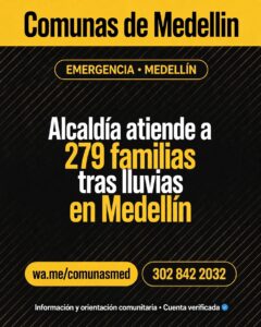 Alcaldía atiende a 279 familias tras lluvias en Medellín